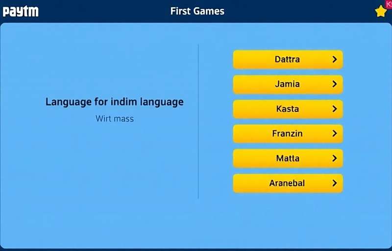Regional Language Support on Paytm First Games Paytm First Games showing language selection options including various Indian regional languages